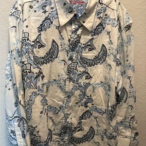 Robert Graham Cream and Blue Paisley Shirt Size 3XL